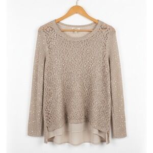Roz Ali Woman 2X Beige Pink Sequin Crochet Knit Sweater Top Blouse Holiday Party